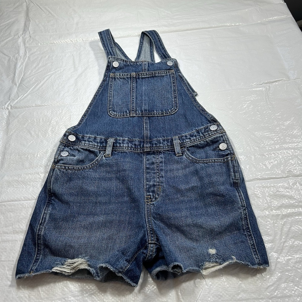 Old Navy Girls Denim Shortalls Overalls Size L (10-12) Distressed Cutoff Hem